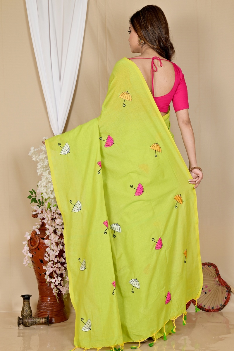 See Green Pure Cotton Umber Than Embroidery Handloom saree (1741)