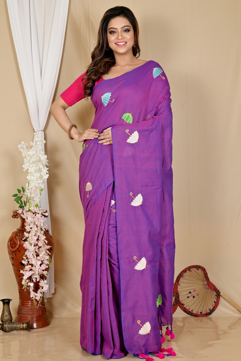 Purple Pure Cotton Umber Than Embroidery Handloom saree (1742)