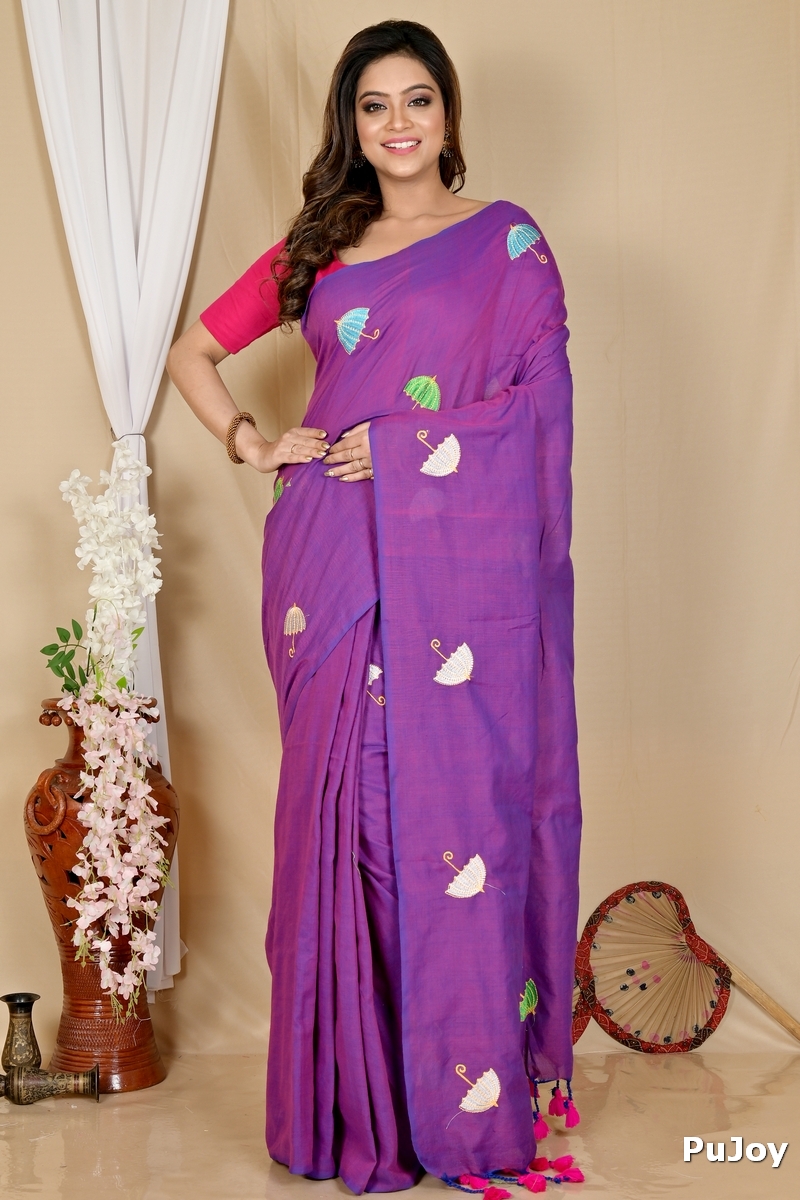 Purple Pure Cotton Umber Than Embroidery Handloom saree (1742)