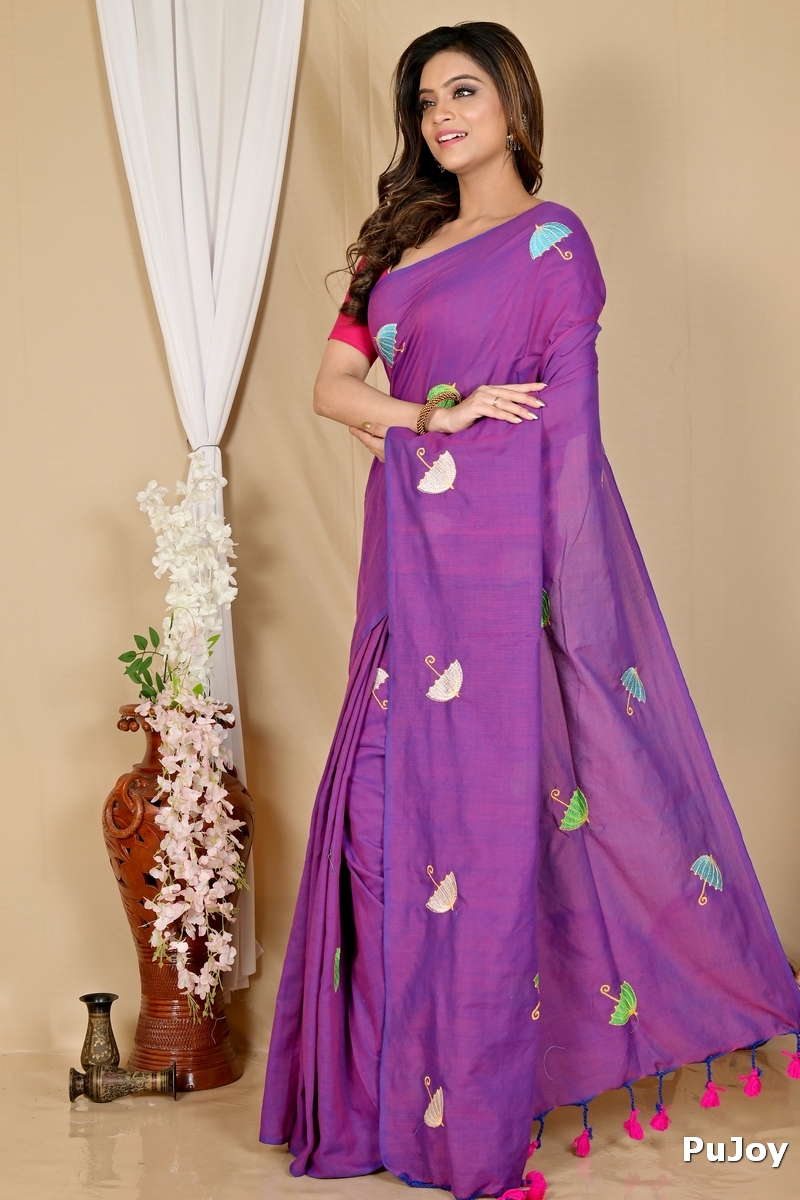 Purple Pure Cotton Umber Than Embroidery Handloom saree (1742)