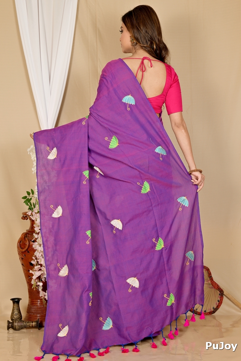 Purple Pure Cotton Umber Than Embroidery Handloom saree (1742)