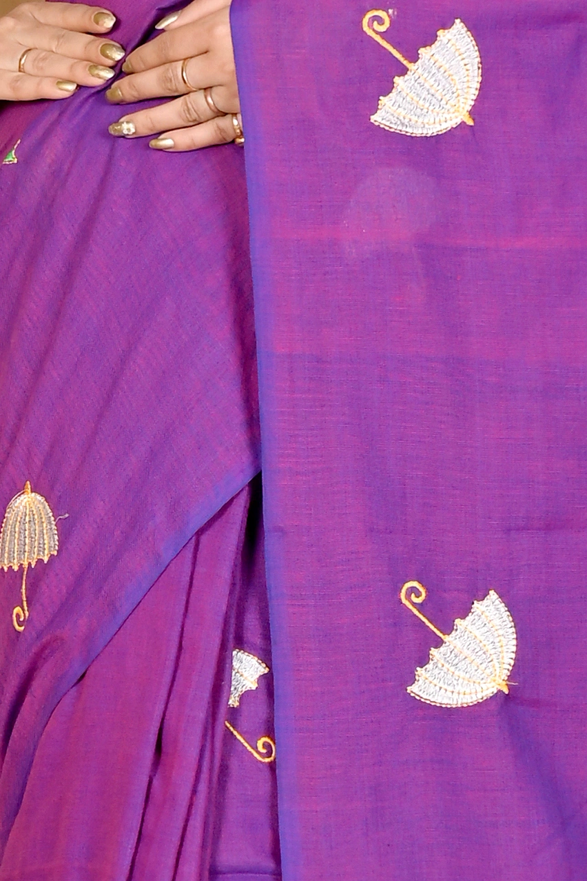 Purple Pure Cotton Umber Than Embroidery Handloom saree (1742)