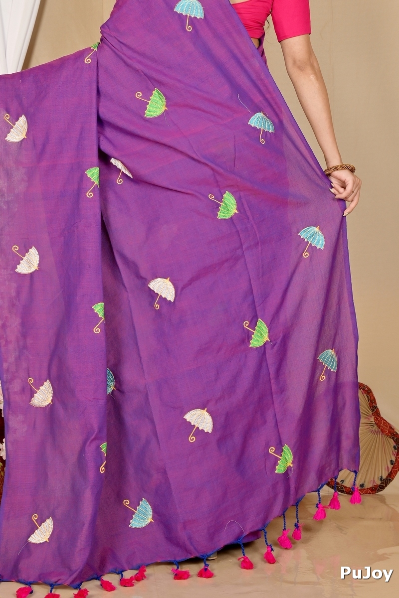 Purple Pure Cotton Umber Than Embroidery Handloom saree (1742)