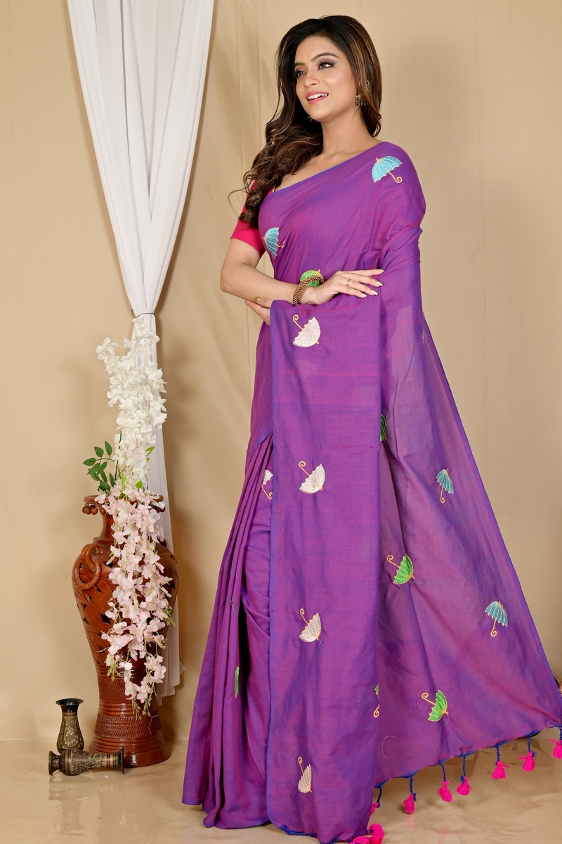 Purple Pure Cotton Umber Than Embroidery Handloom saree (1742)