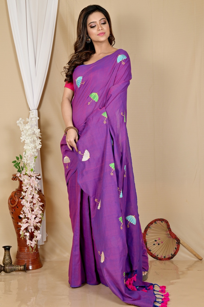 Purple Pure Cotton Umber Than Embroidery Handloom saree (1742)