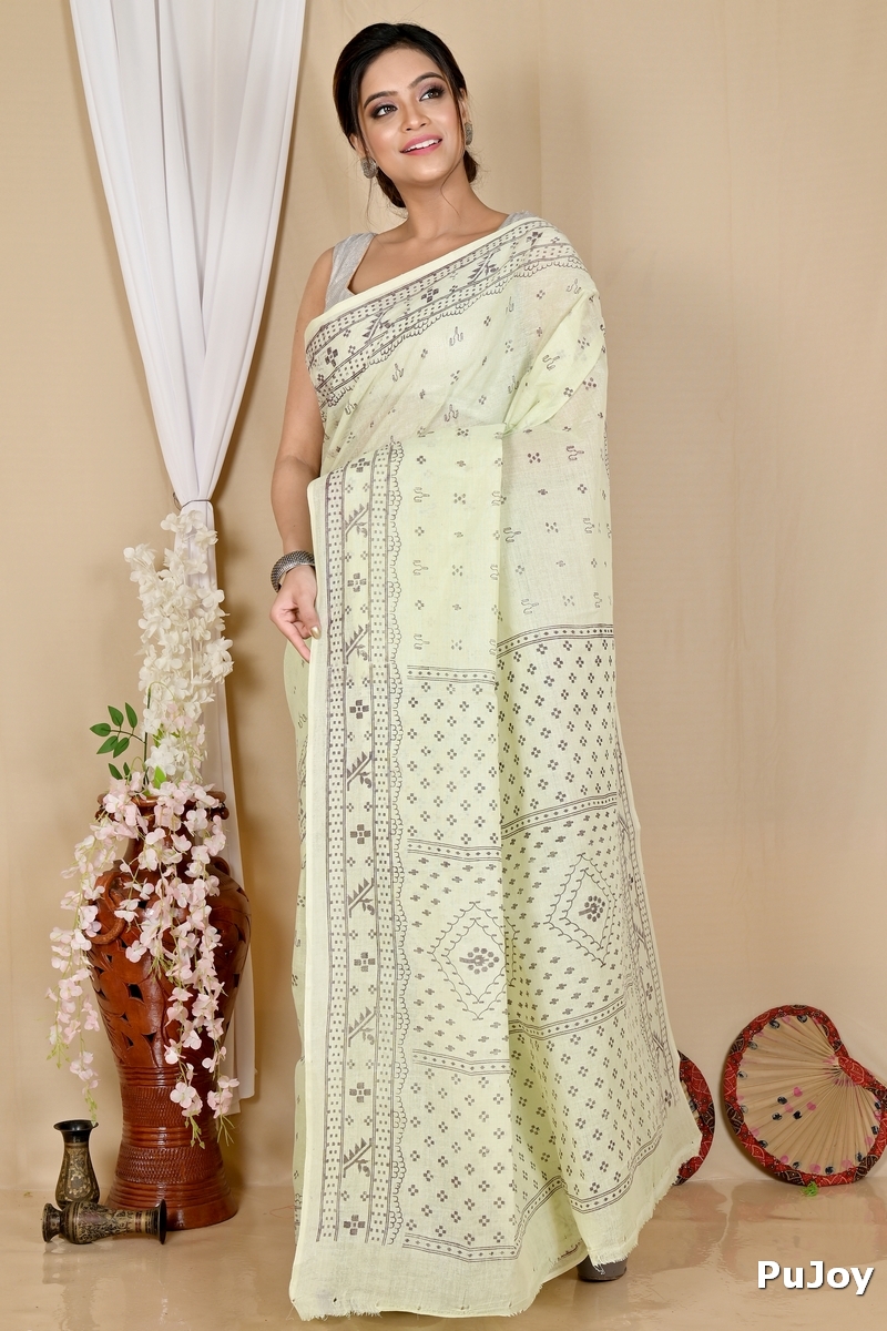 Off-White Pure Cotton Liko Tant Saree Print (1743)
