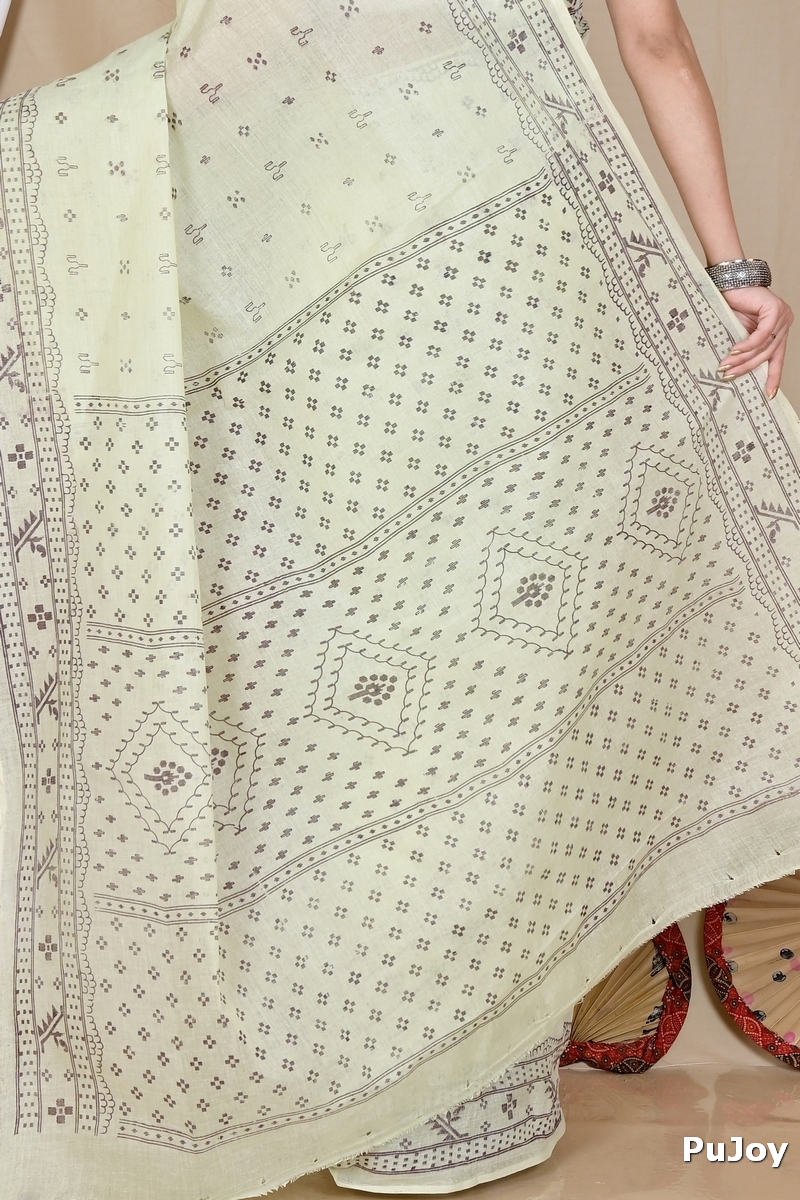 Off-White Pure Cotton Liko Tant Saree Print (1743)