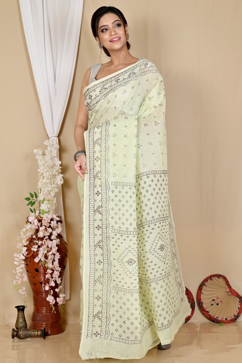 Off-White Pure Cotton Liko Tant Saree Print (1743)