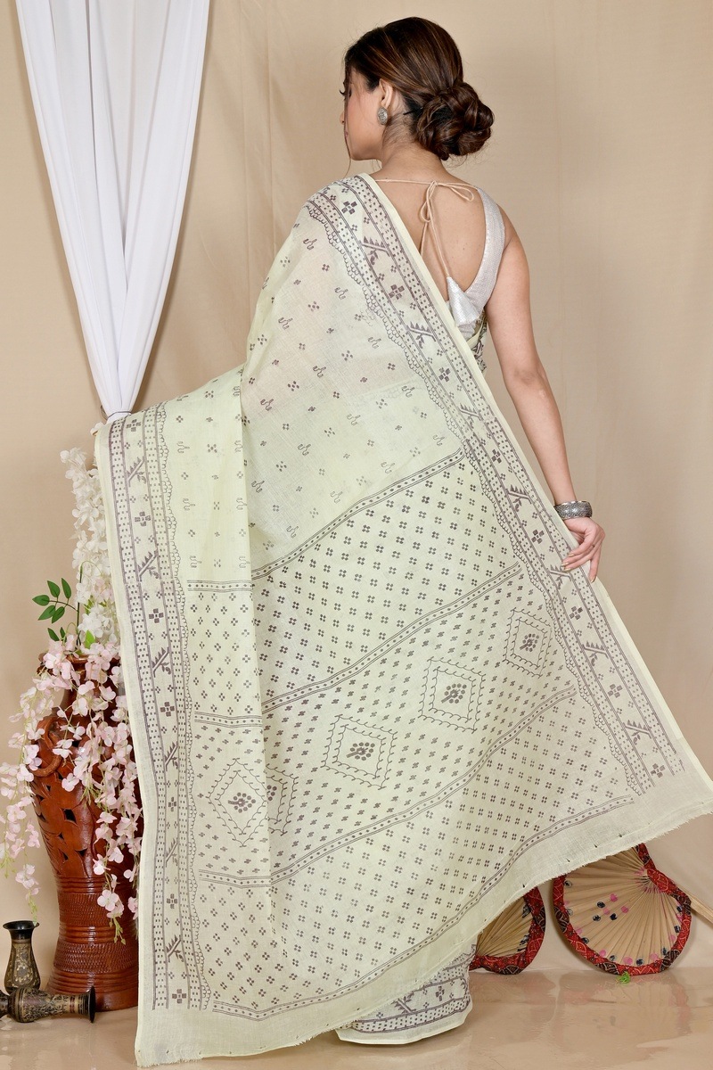 Off-White Pure Cotton Liko Tant Saree Print (1743)