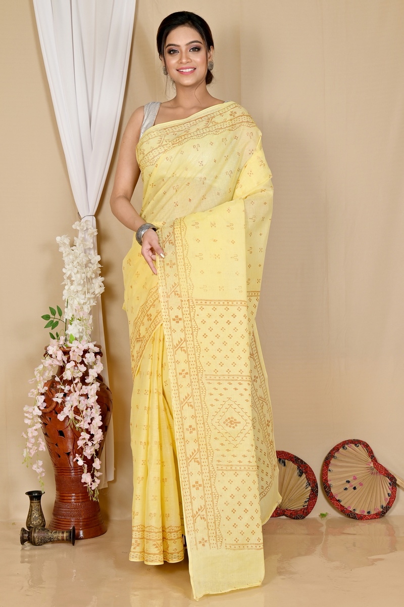 Light Yellow Pure Cotton Liko Tant Saree Print (1744)