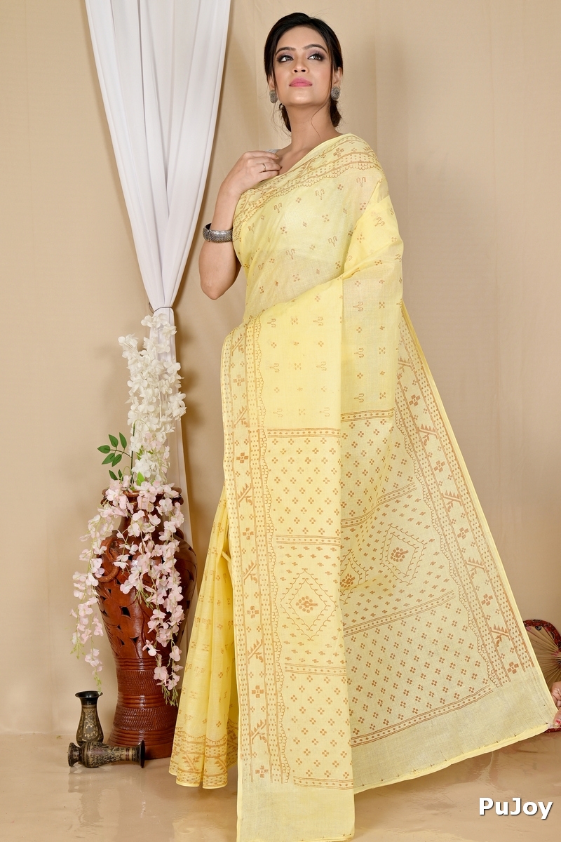 Light Yellow Pure Cotton Liko Tant Saree Print (1744)
