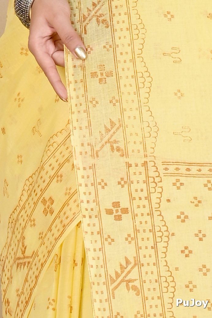 Light Yellow Pure Cotton Liko Tant Saree Print (1744)