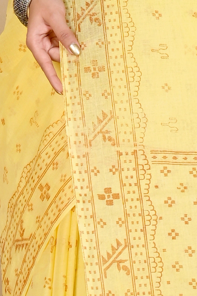 Light Yellow Pure Cotton Liko Tant Saree Print (1744)