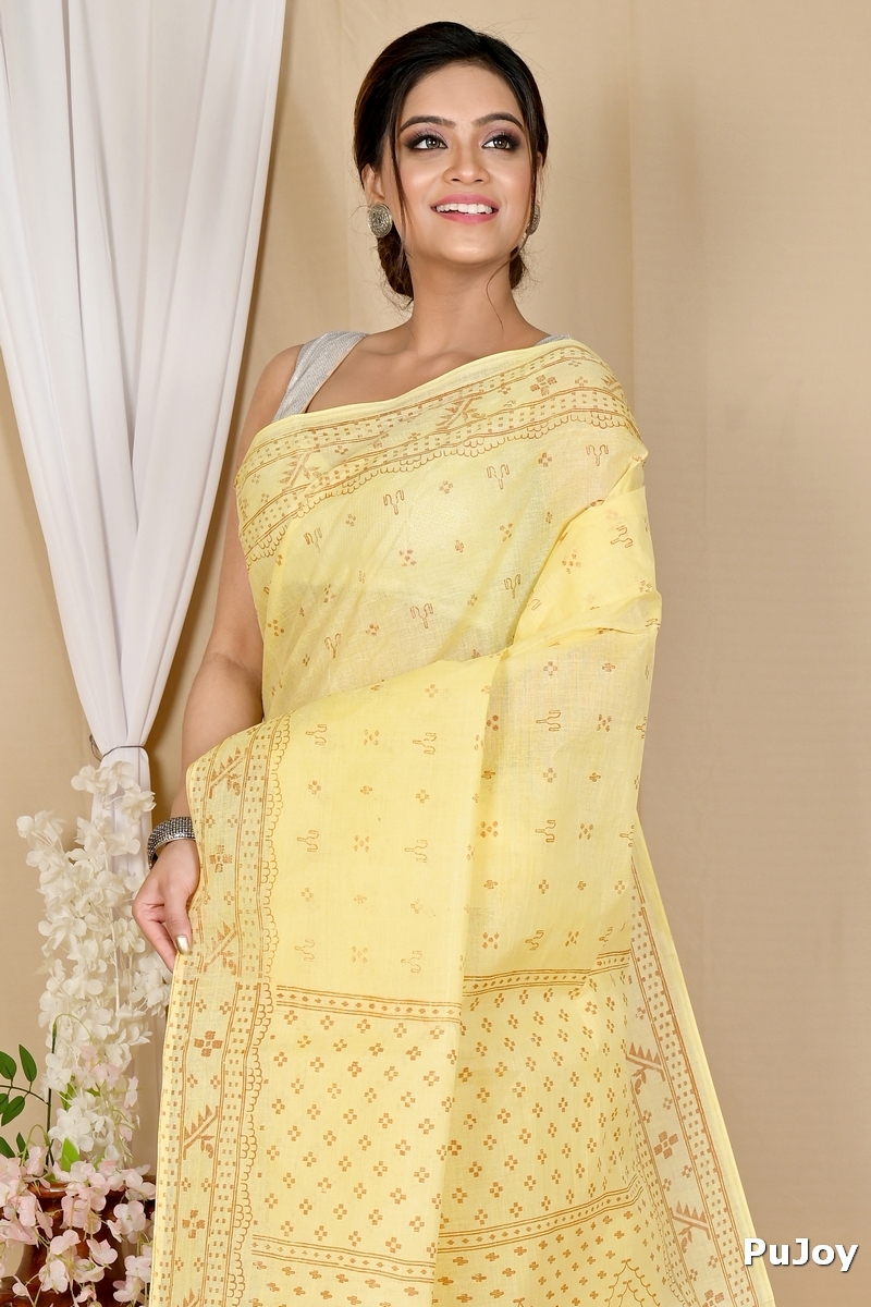 Light Yellow Pure Cotton Liko Tant Saree Print (1744)