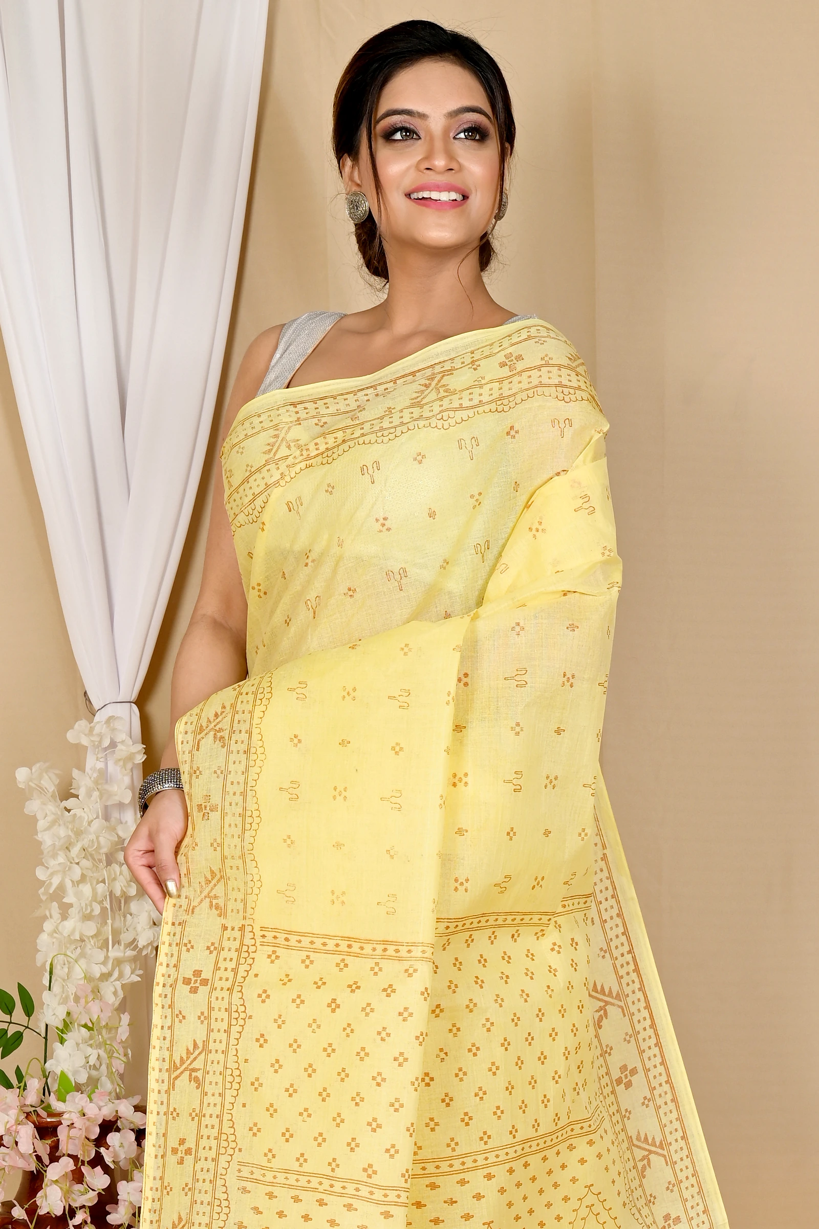Light Yellow Pure Cotton Liko Tant Saree Print (1744)