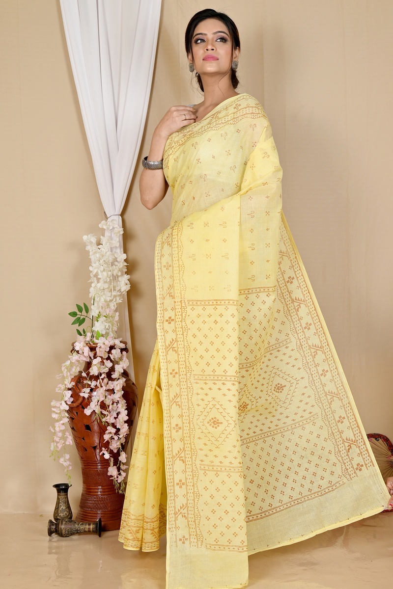 Light Yellow Pure Cotton Liko Tant Saree Print (1744)