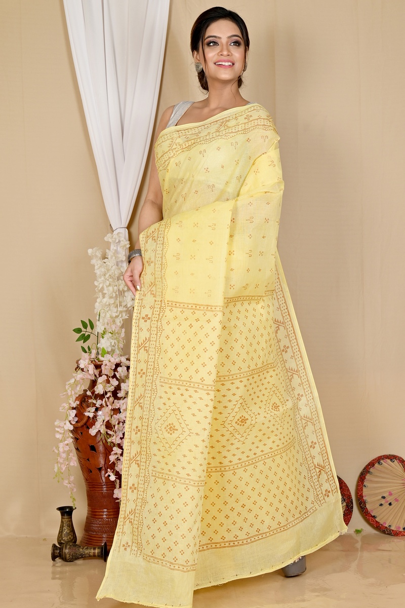 Light Yellow Pure Cotton Liko Tant Saree Print (1744)