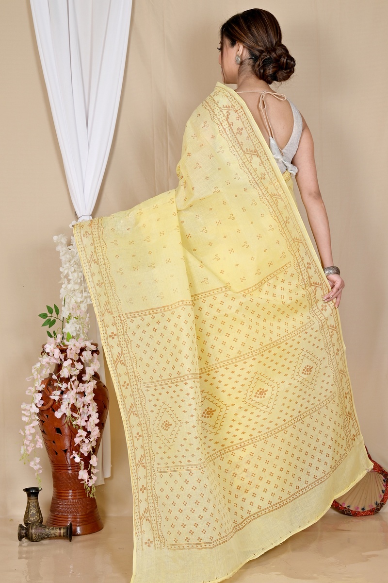 Light Yellow Pure Cotton Liko Tant Saree Print (1744)