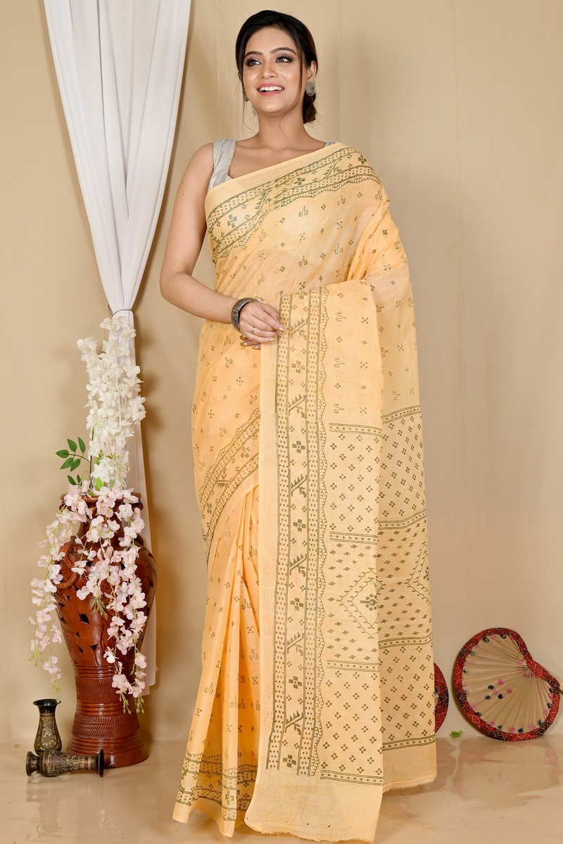 Light Orange Pure Cotton Liko Tant Saree Print (1745)