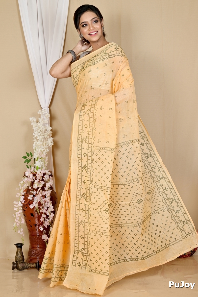 Light Orange Pure Cotton Liko Tant Saree Print (1745)
