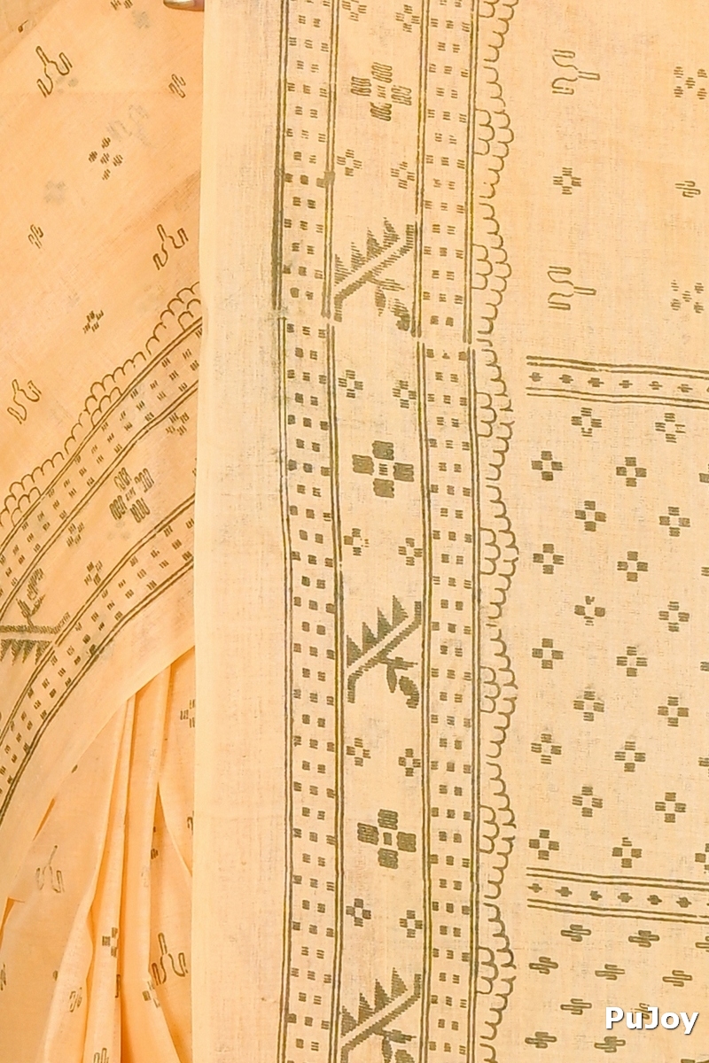 Light Orange Pure Cotton Liko Tant Saree Print (1745)