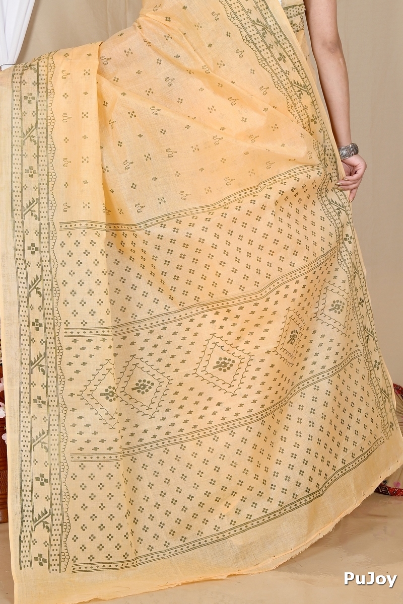 Light Orange Pure Cotton Liko Tant Saree Print (1745)