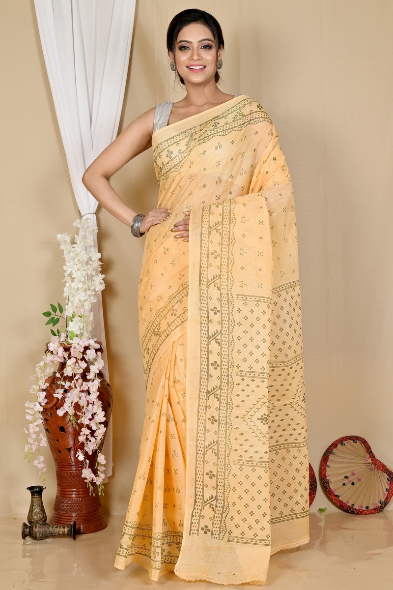 Light Orange Pure Cotton Liko Tant Saree Print (1745)