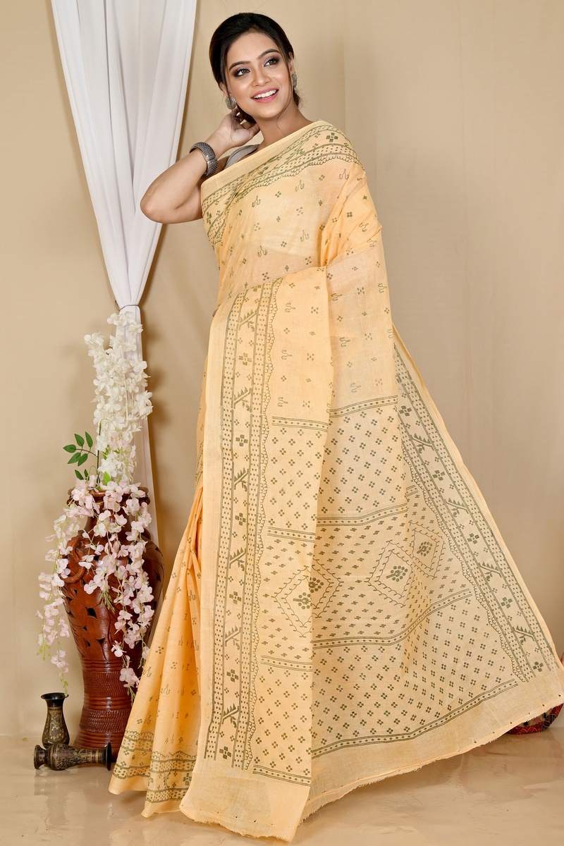 Light Orange Pure Cotton Liko Tant Saree Print (1745)