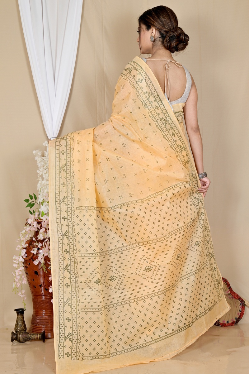 Light Orange Pure Cotton Liko Tant Saree Print (1745)