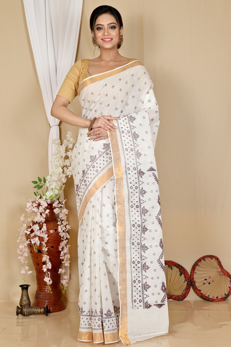 White Dark Brown Pure Cotton Ekta Print Tant Saree Print (1748)