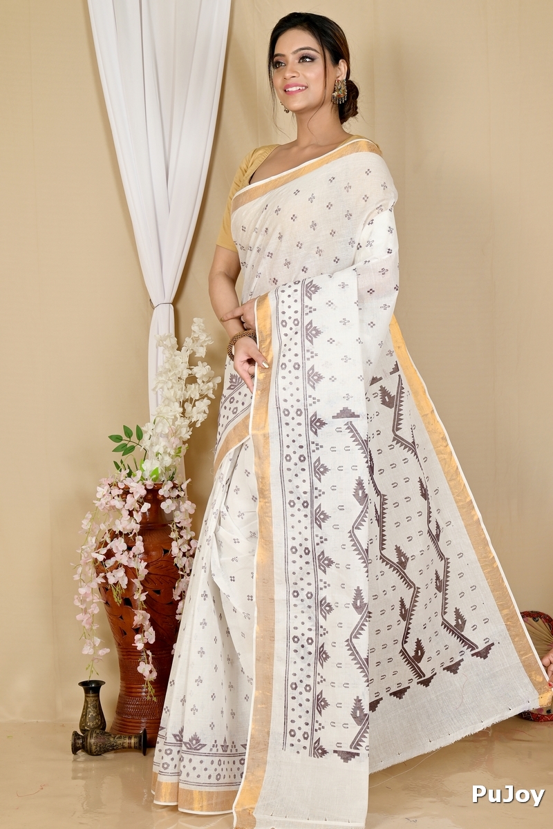 White Dark Brown Pure Cotton Ekta Print Tant Saree Print (1748)