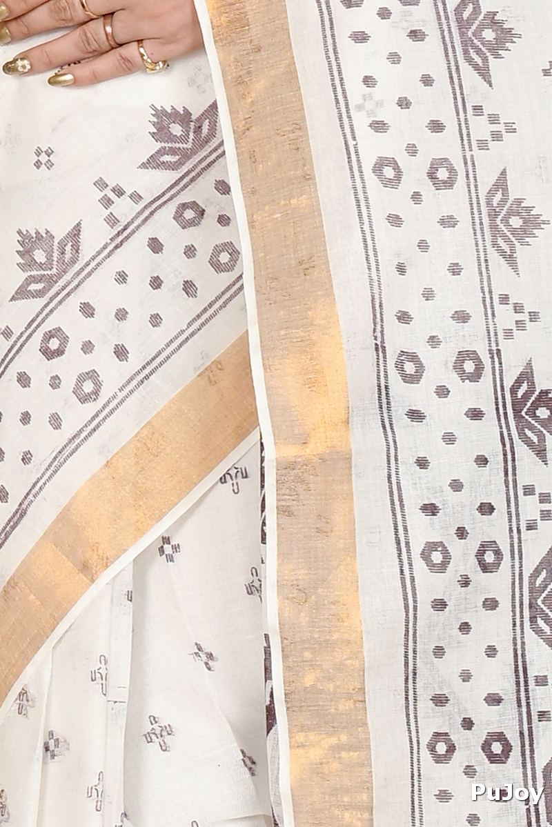 White Dark Brown Pure Cotton Ekta Print Tant Saree Print (1748)