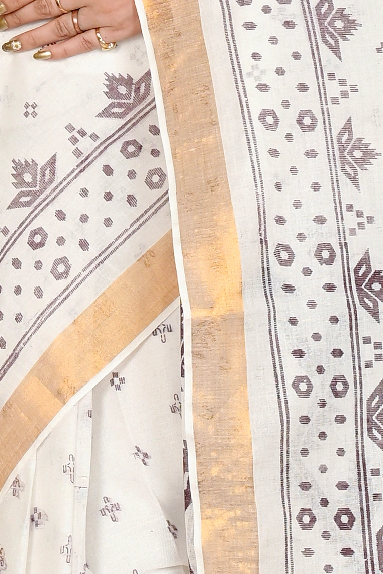 White Dark Brown Pure Cotton Ekta Print Tant Saree Print (1748)