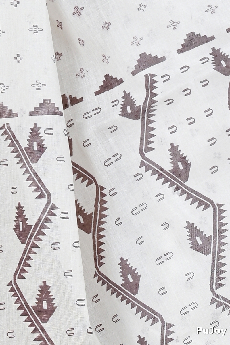White Dark Brown Pure Cotton Ekta Print Tant Saree Print (1748)