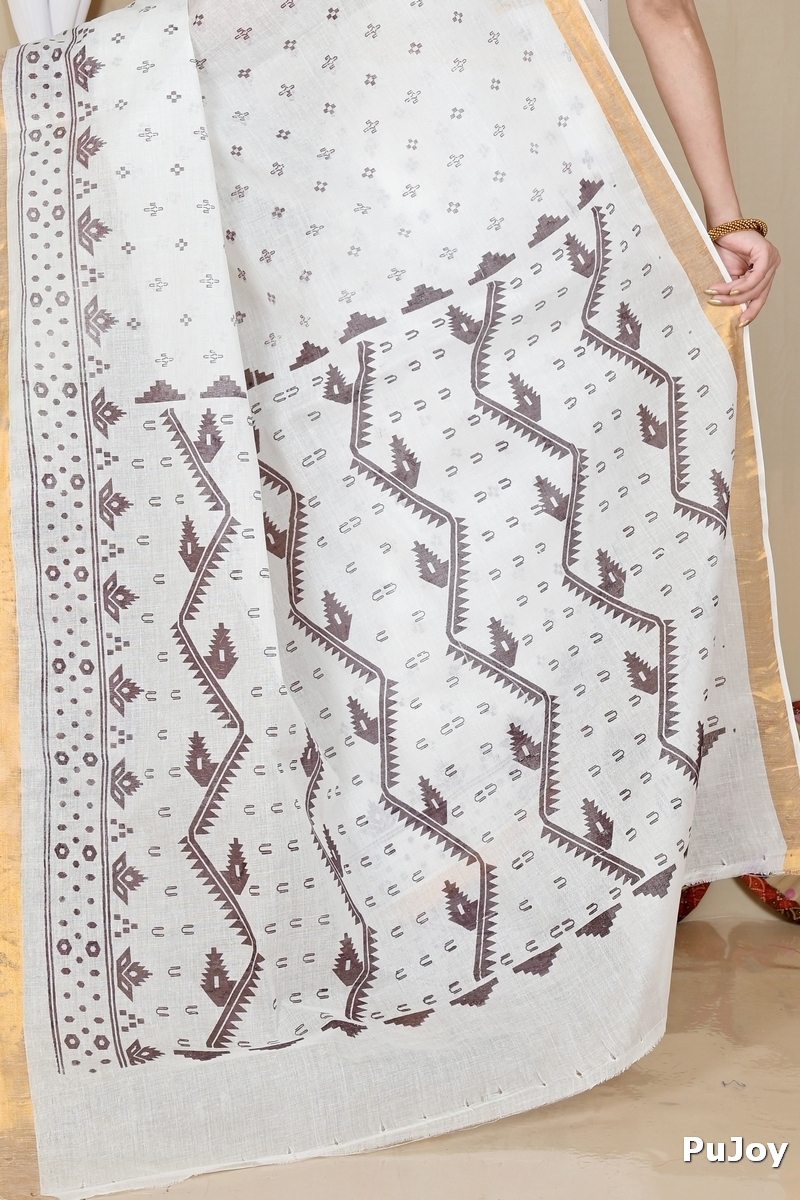 White Dark Brown Pure Cotton Ekta Print Tant Saree Print (1748)