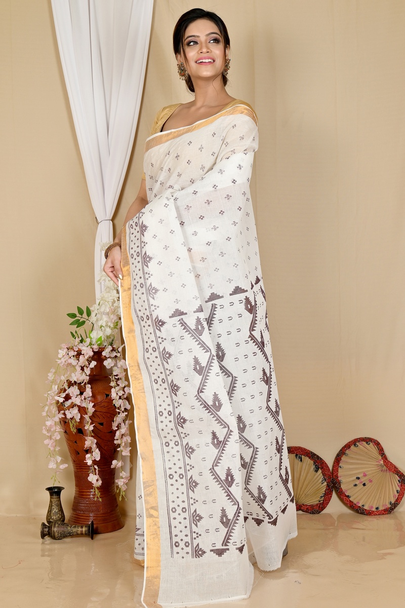 White Dark Brown Pure Cotton Ekta Print Tant Saree Print (1748)