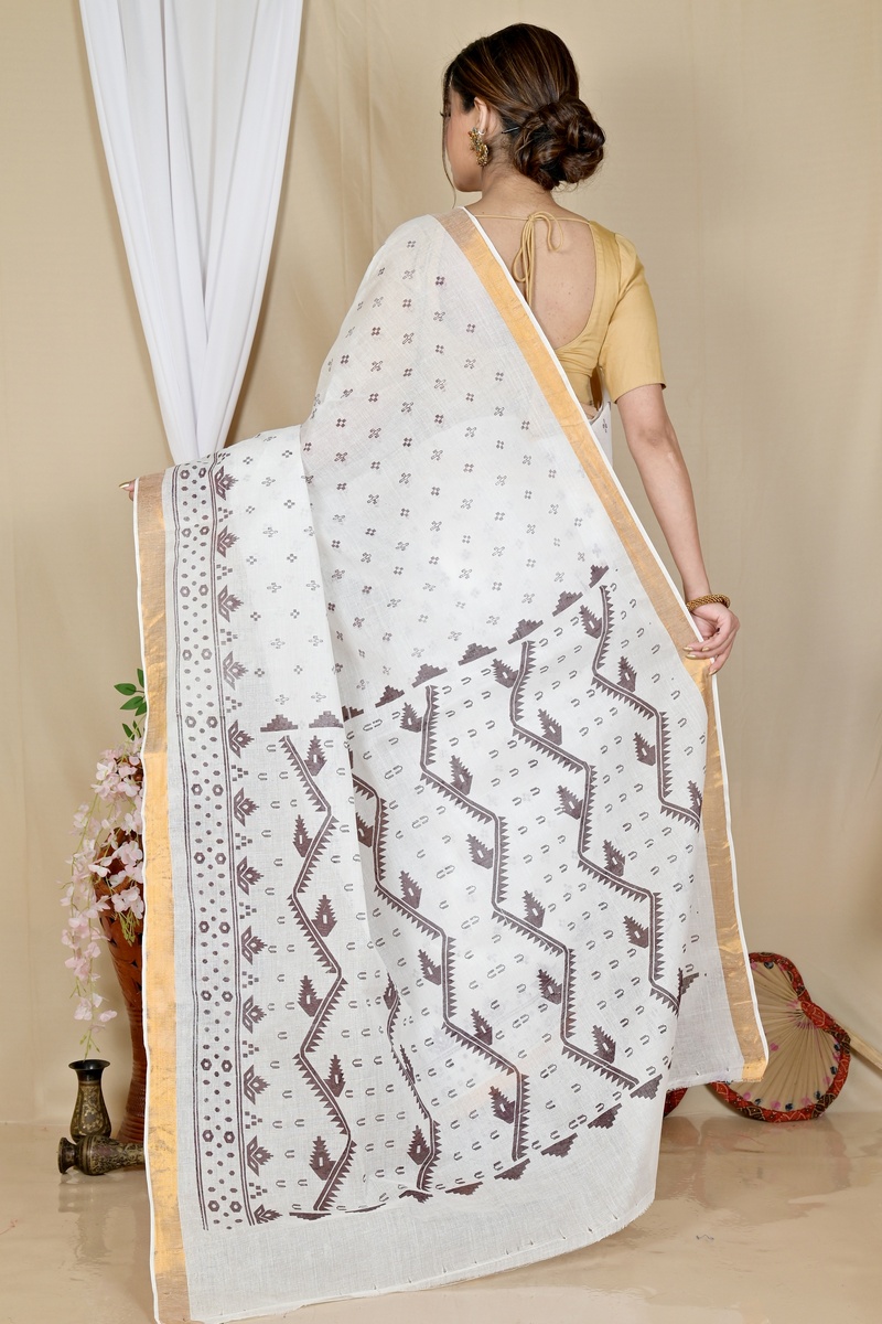 White Dark Brown Pure Cotton Ekta Print Tant Saree Print (1748)