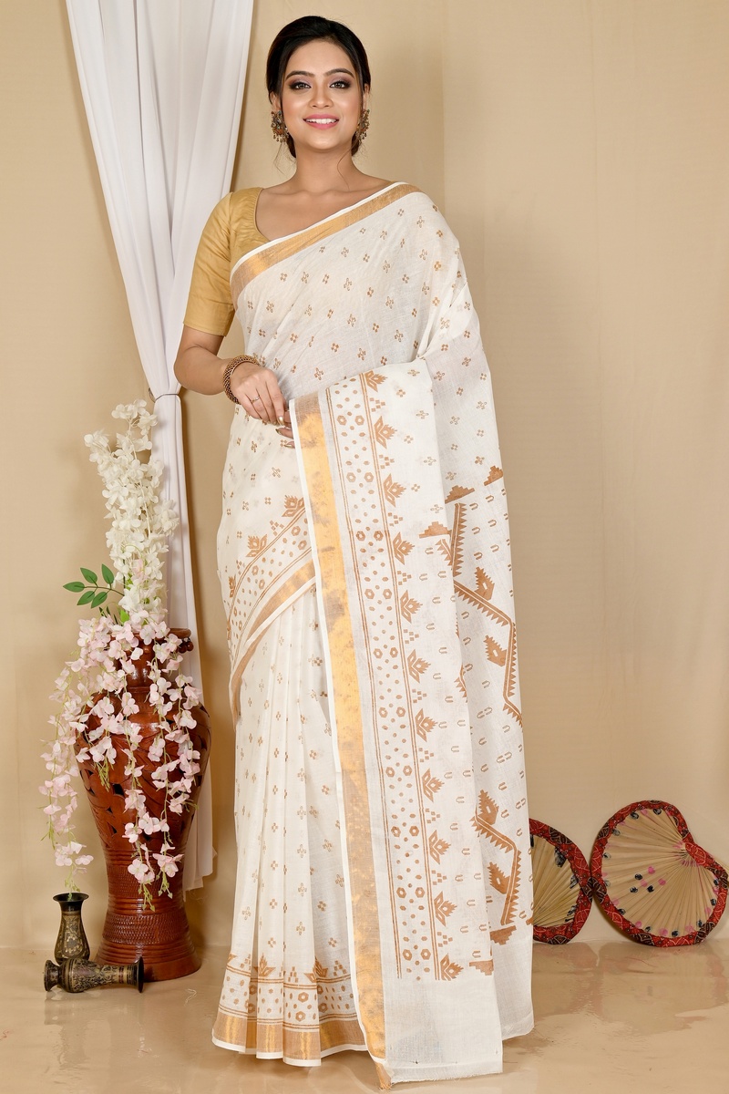 White Brown Pure Cotton Ekta Print Tant Saree Print (1749)