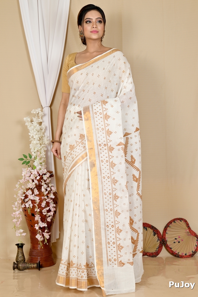 White Brown Pure Cotton Ekta Print Tant Saree Print (1749)
