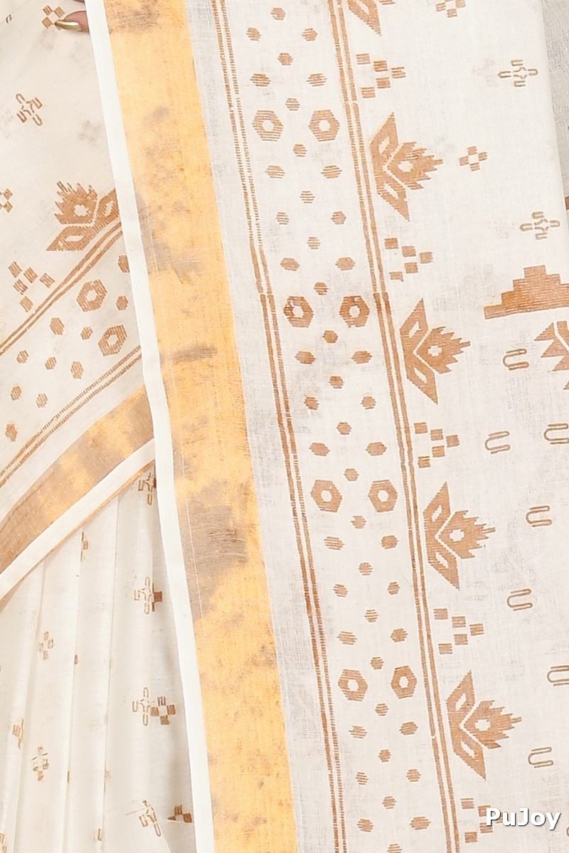 White Brown Pure Cotton Ekta Print Tant Saree Print (1749)