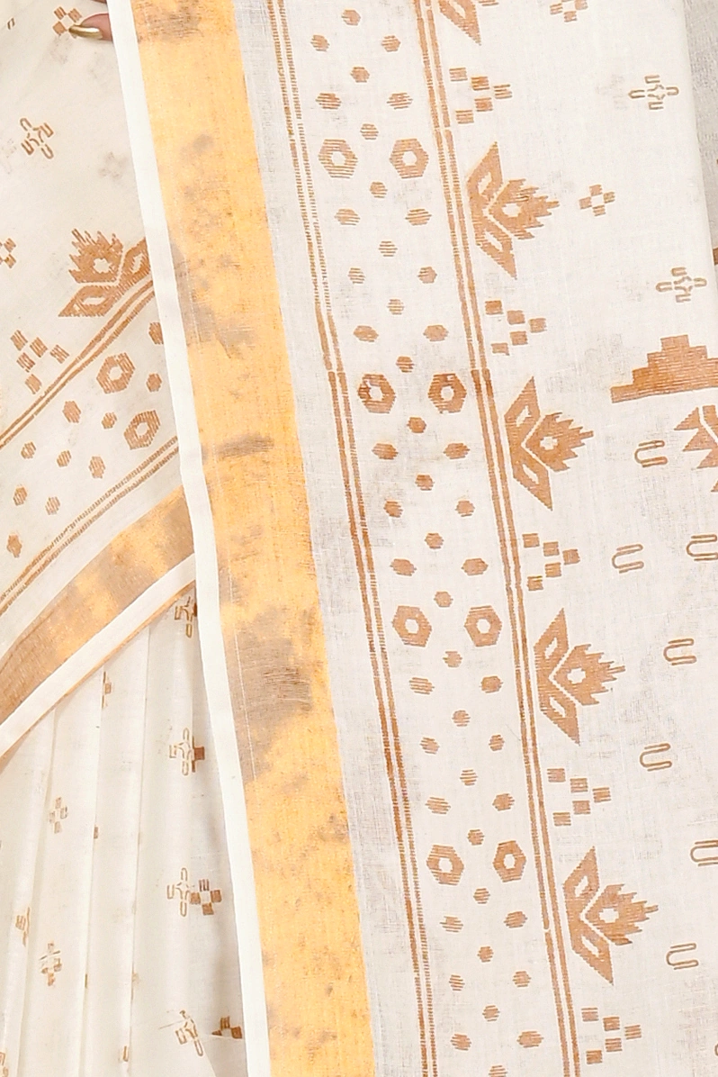 White Brown Pure Cotton Ekta Print Tant Saree Print (1749)