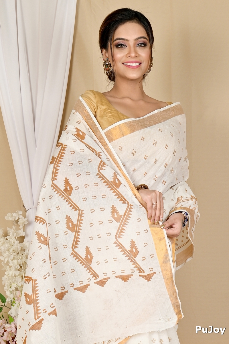 White Brown Pure Cotton Ekta Print Tant Saree Print (1749)