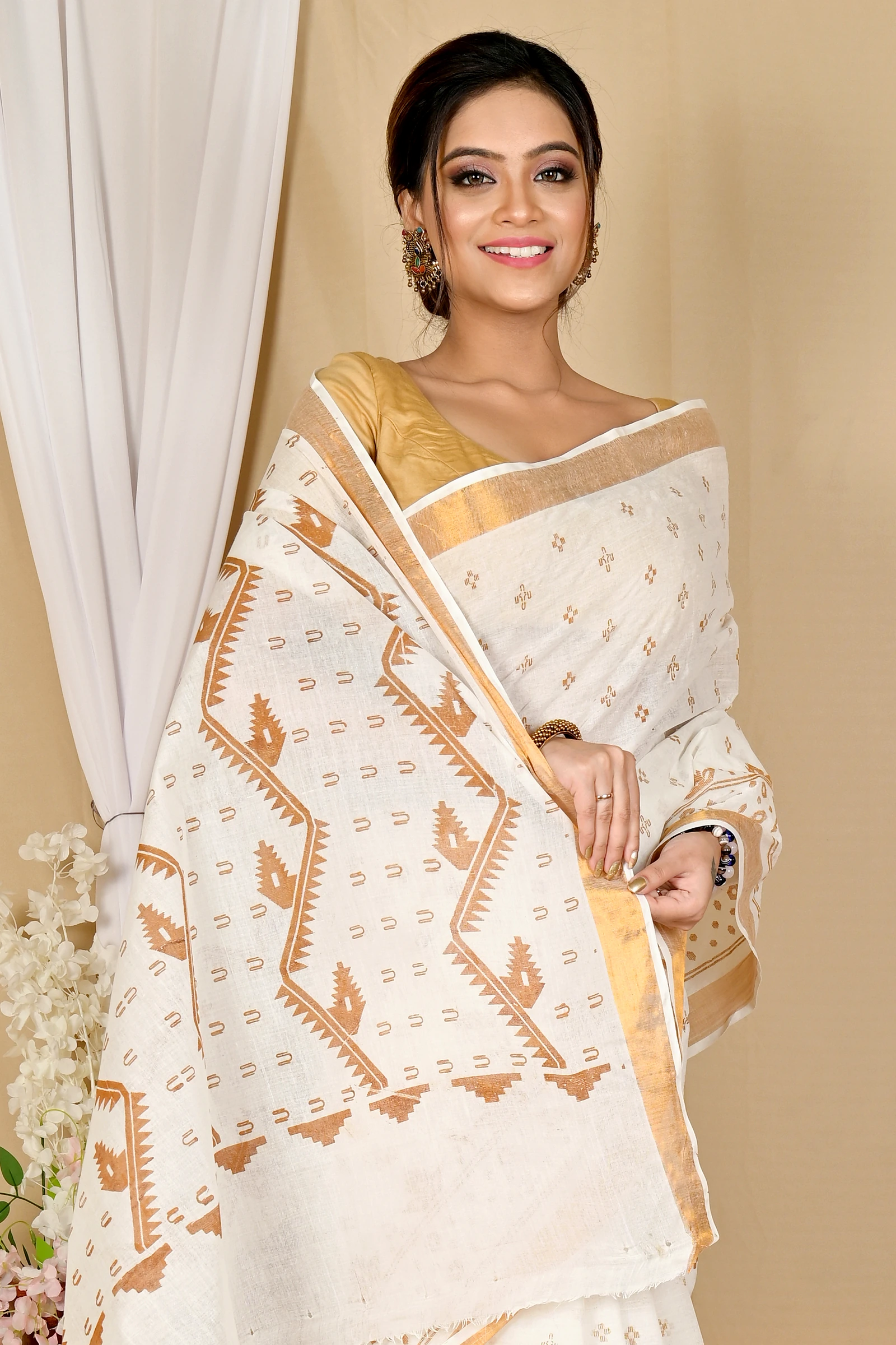 White Brown Pure Cotton Ekta Print Tant Saree Print (1749)