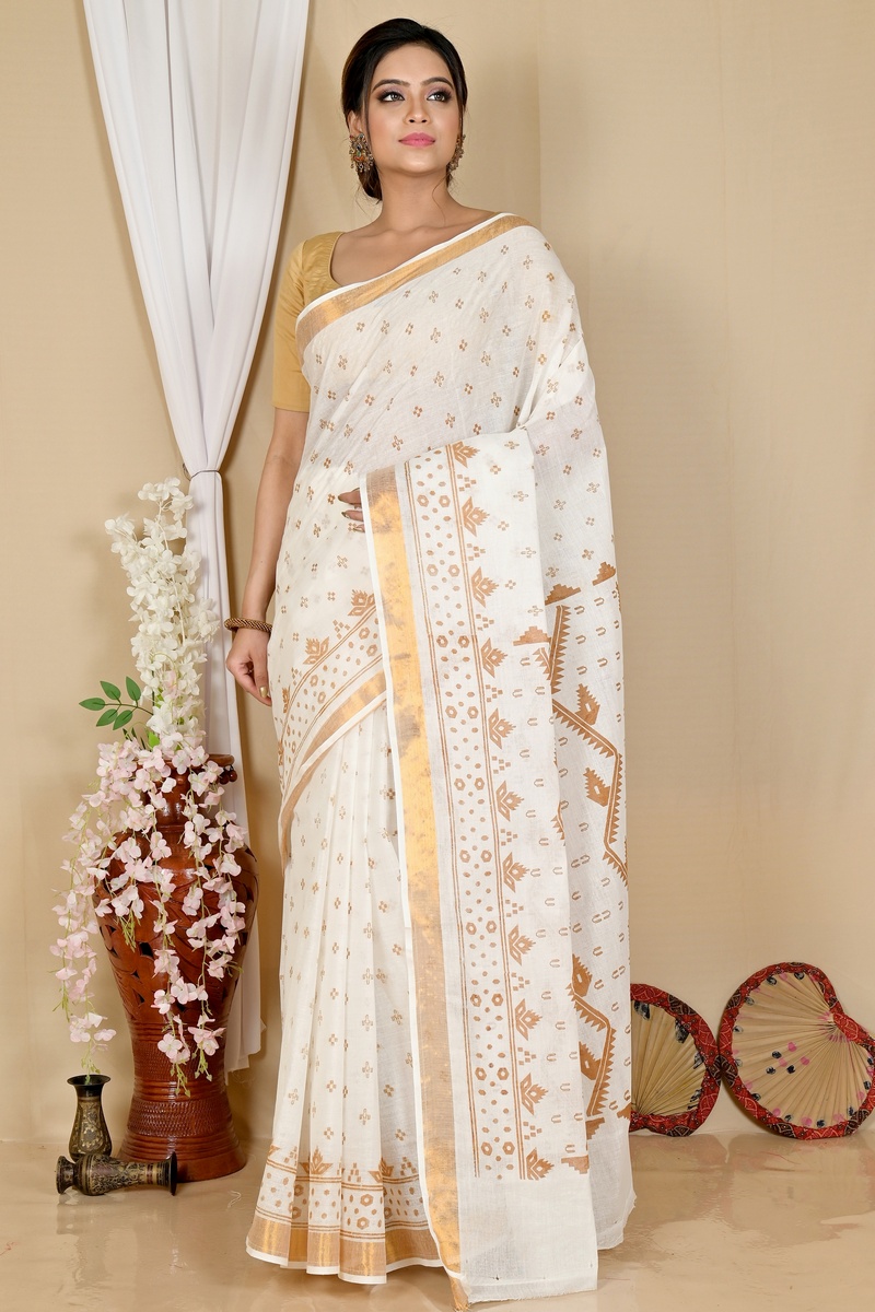 White Brown Pure Cotton Ekta Print Tant Saree Print (1749)
