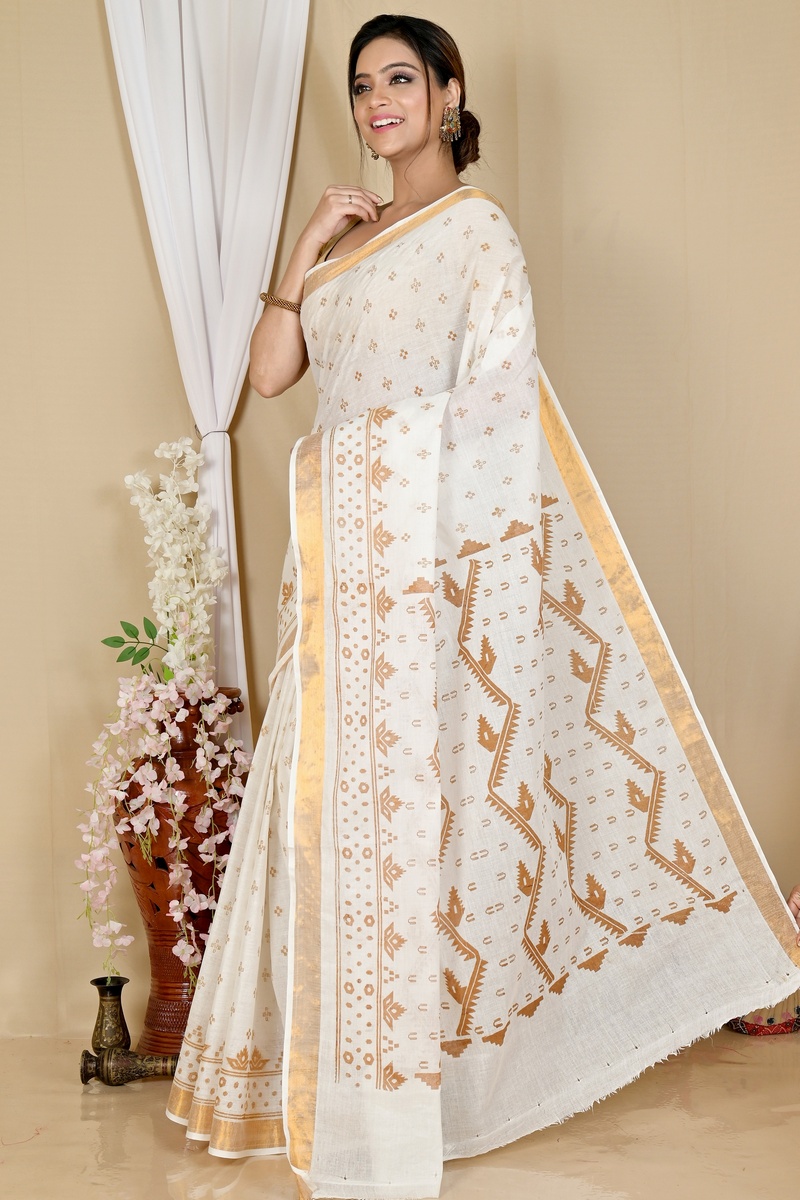 White Brown Pure Cotton Ekta Print Tant Saree Print (1749)