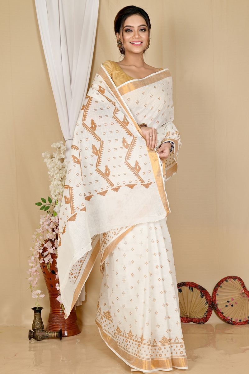 White Brown Pure Cotton Ekta Print Tant Saree Print (1749)