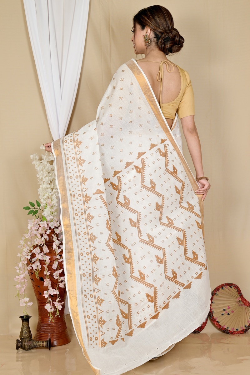 White Brown Pure Cotton Ekta Print Tant Saree Print (1749)