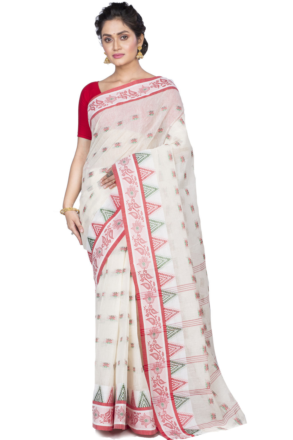 Red Pure Cotton Alkari Tant Saree (175)