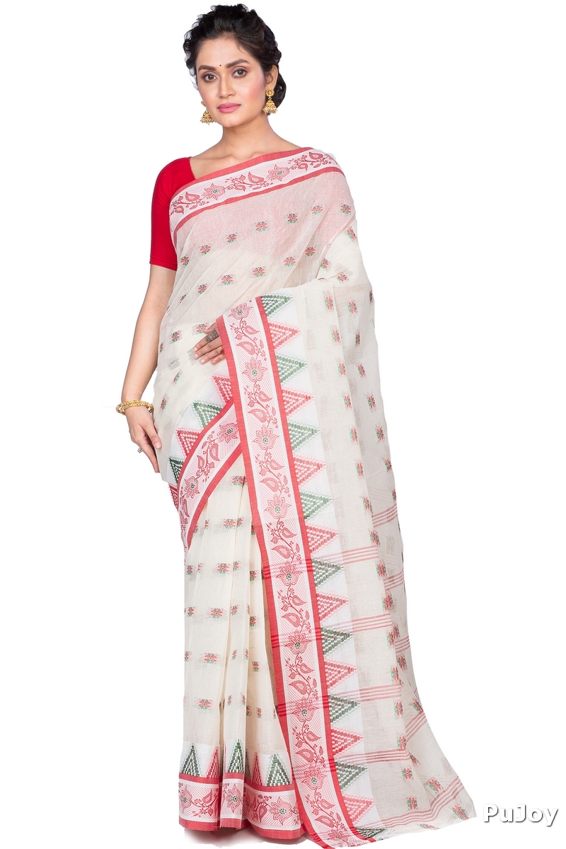 Red Pure Cotton Alkari Tant Saree (175)
