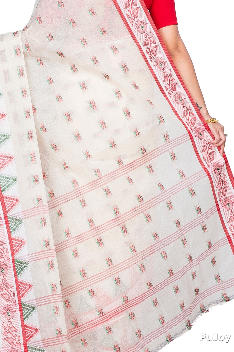 Red Pure Cotton Alkari Tant Saree (175)
